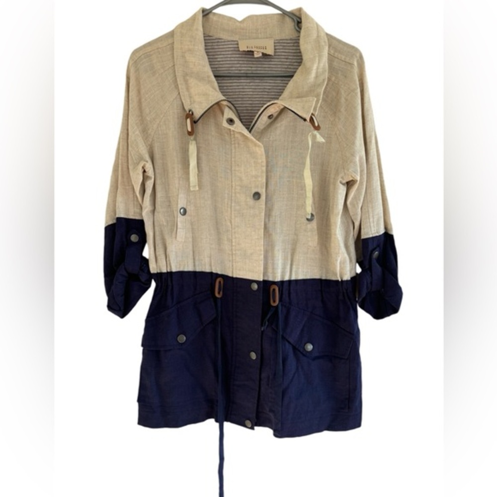 Blu Pepper Women's Two Tone Utility Jacket Cream Blue Linen Blend Size Small